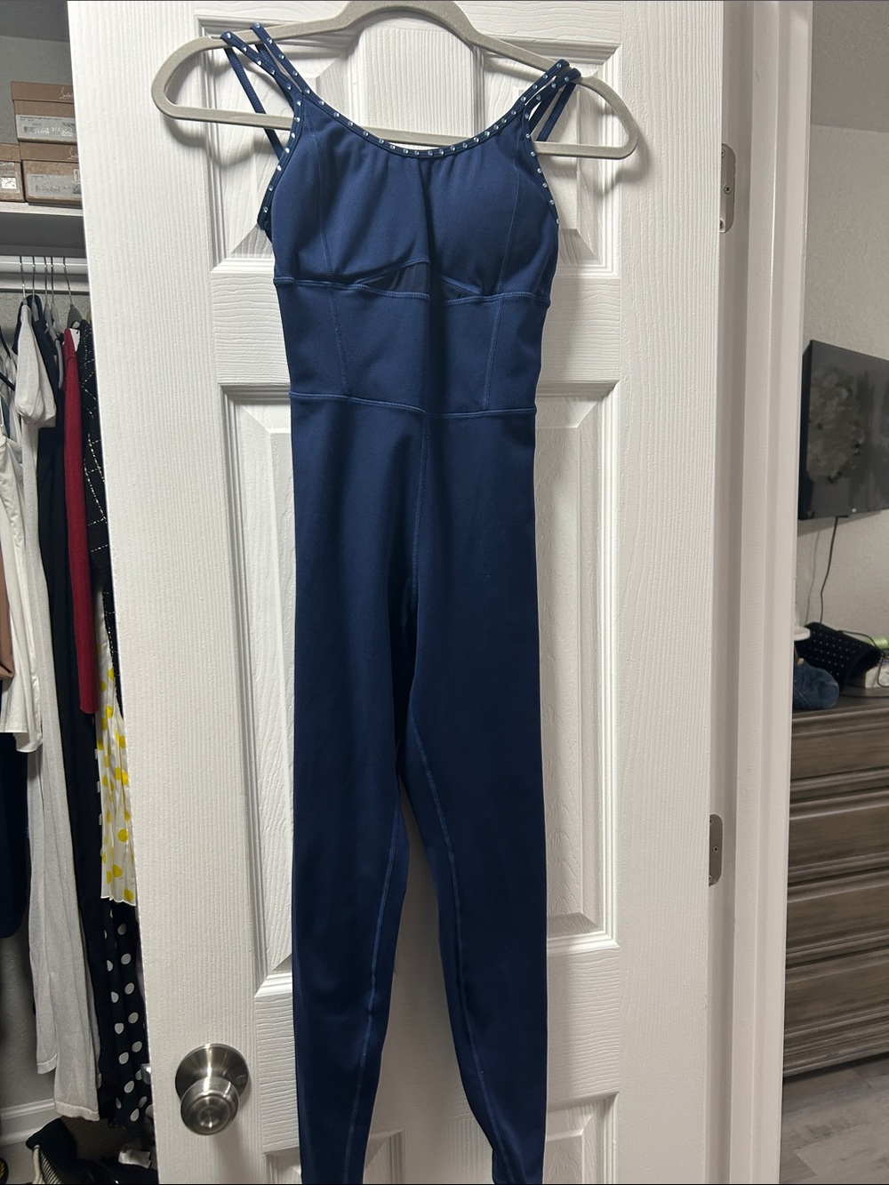 Navy Blue rhinestone Women's Jumpsuit Pilates workout yoga onesie xs